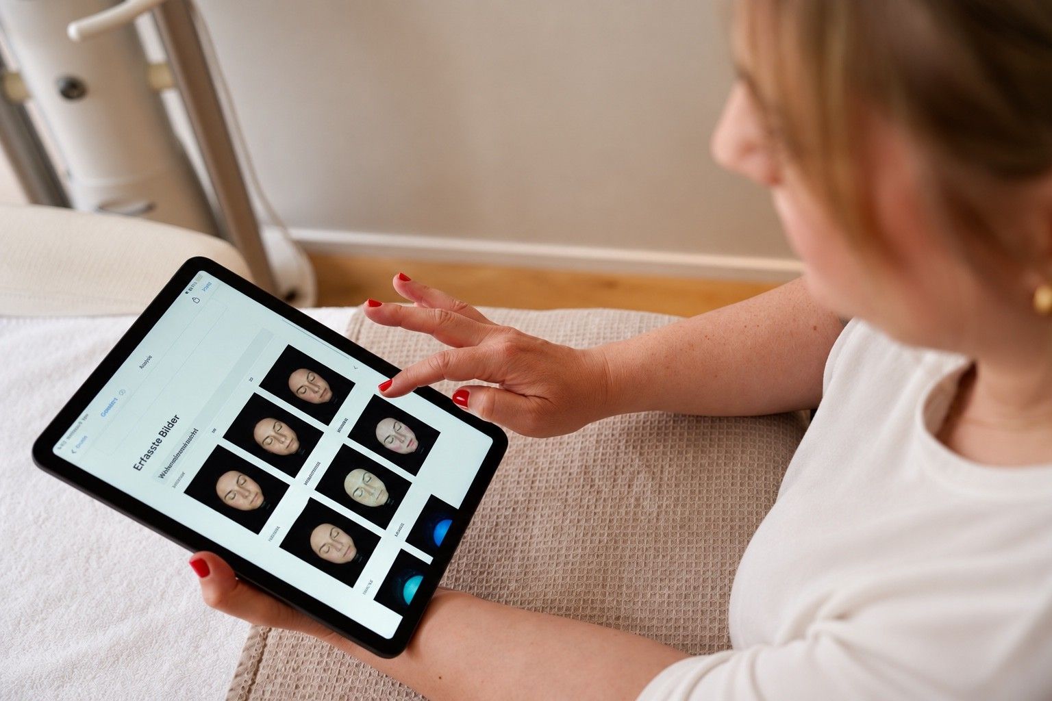 Tablet mit einer Reihe von Gesichtsaufnahmen in verschiedenen Lichtarten, eine Hand tippt darauf