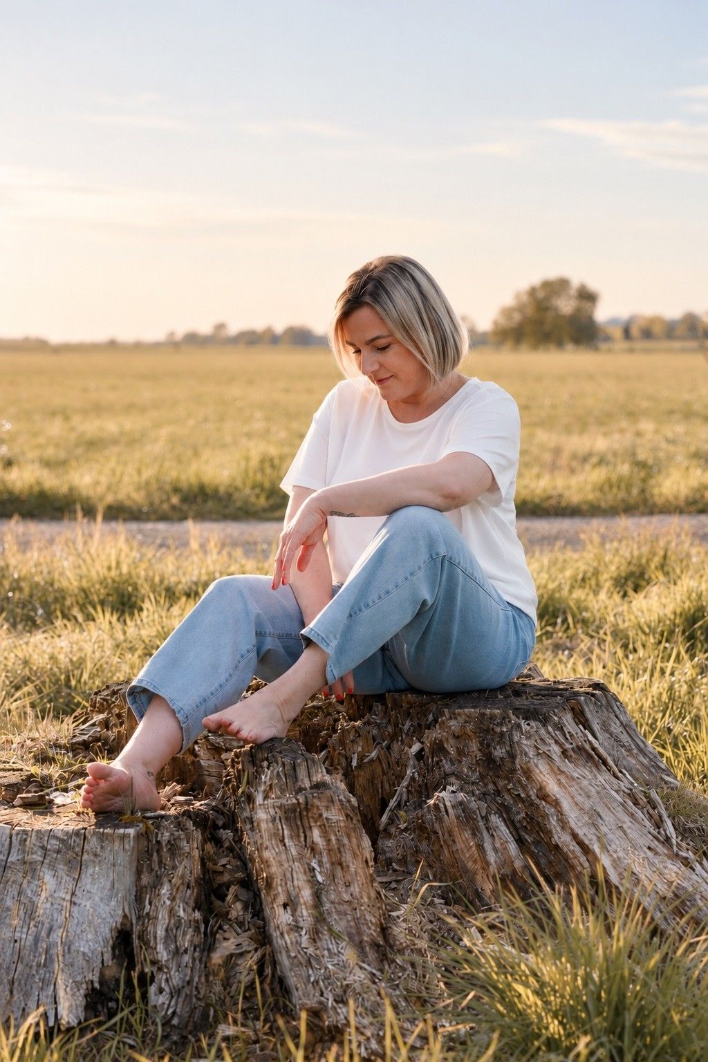 Maike sitzt barfuß und lachend auf einem Baumstumpf, hinter ihr eine Wiese im Abendlicht