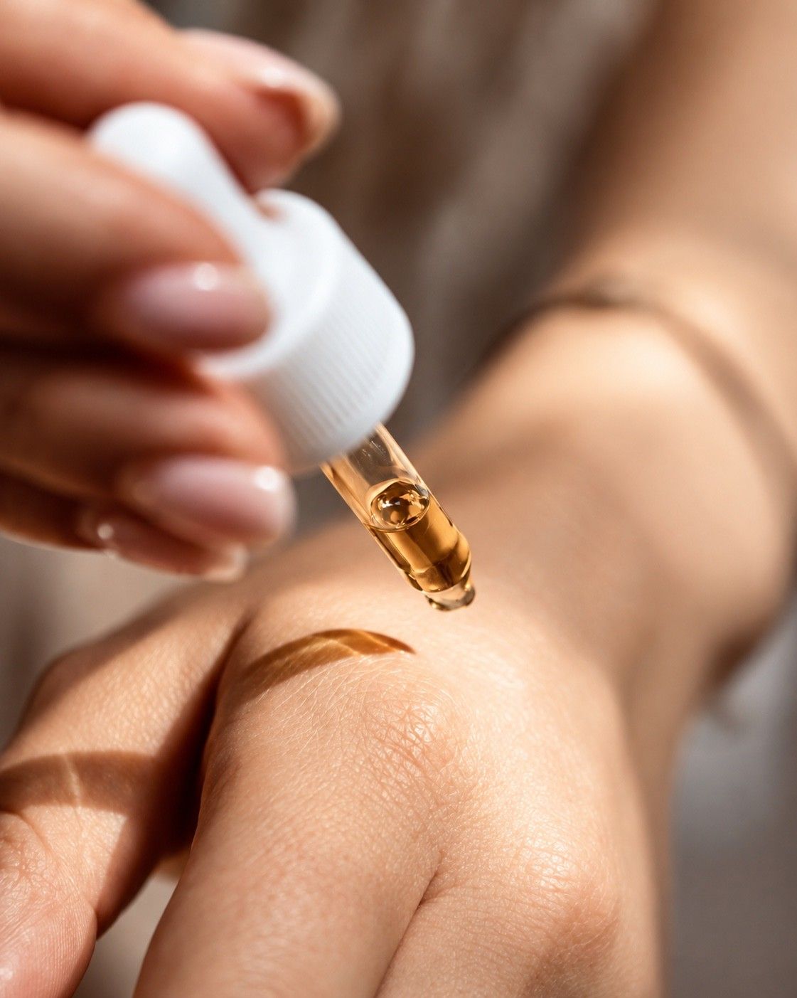 Eine Pipette mit goldenem Pflegeöl über einem Handrücken, auf dem ein Streifen Öl glänzt