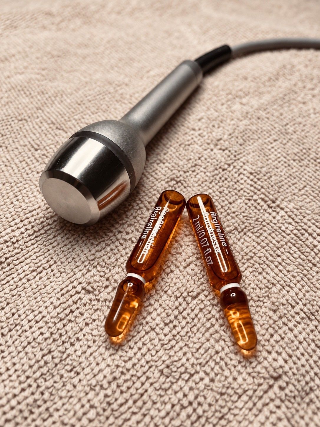 Ultraschallgerät mit rundem Metallkopf auf einem grauen Handtuch, daneben zwei Ampullen mit bernsteinfarbenem Inhalt